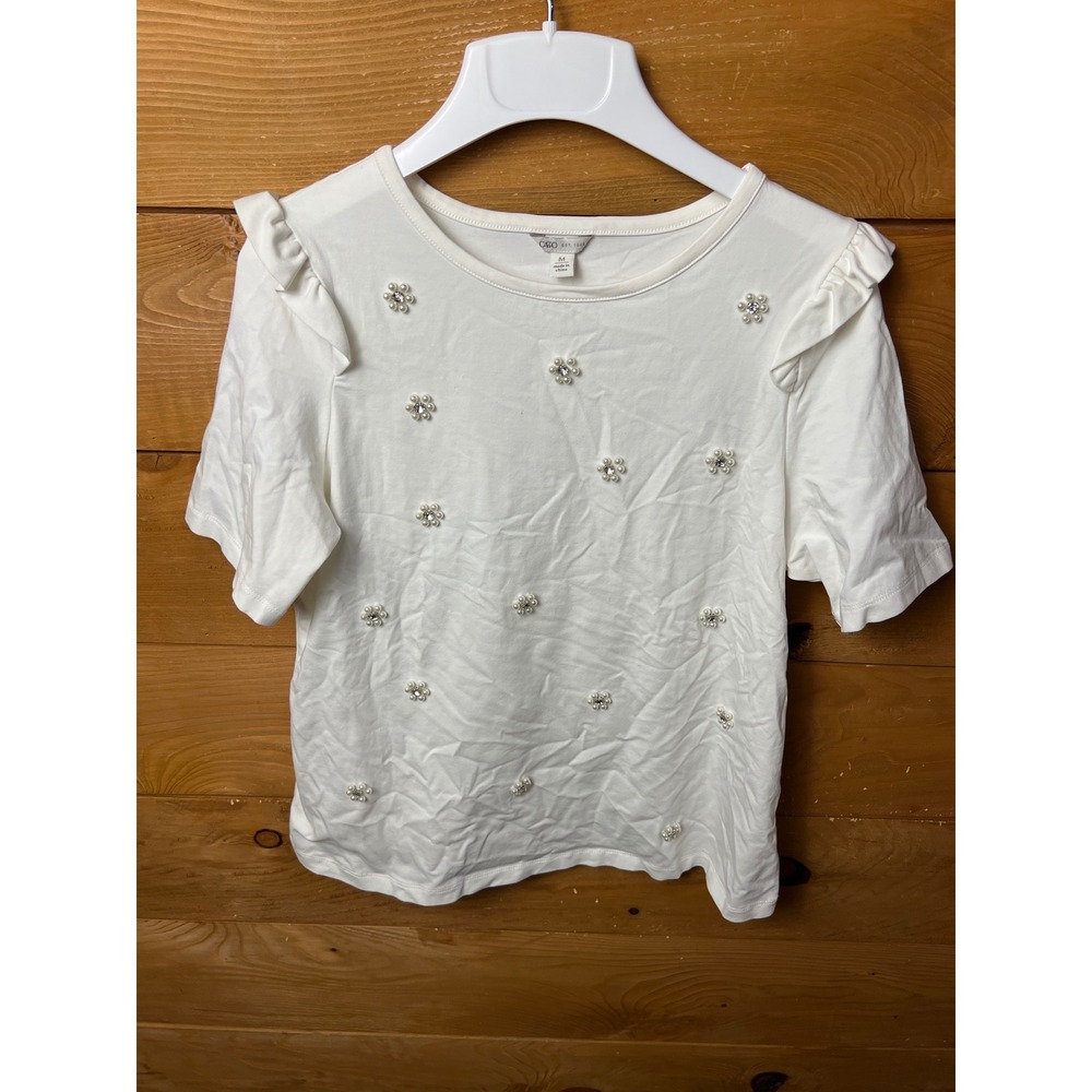 Cato White Embellished Ruffle Sleeve Top - Pearl Rhinestone Women's Medium SS